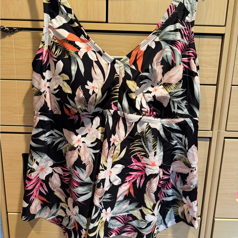 Kona Sol Black Floral Tankini Top with Pink and Green Accents
